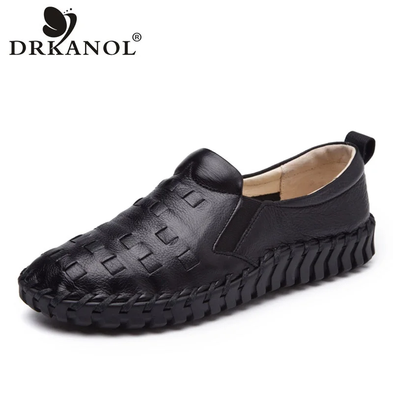 DRKANOL Handmade Sewing Genuine Leather Loafers Women Slip On Flat Shoes Shallow Soft Sole Comfort Pregnant Women Casual Shoes