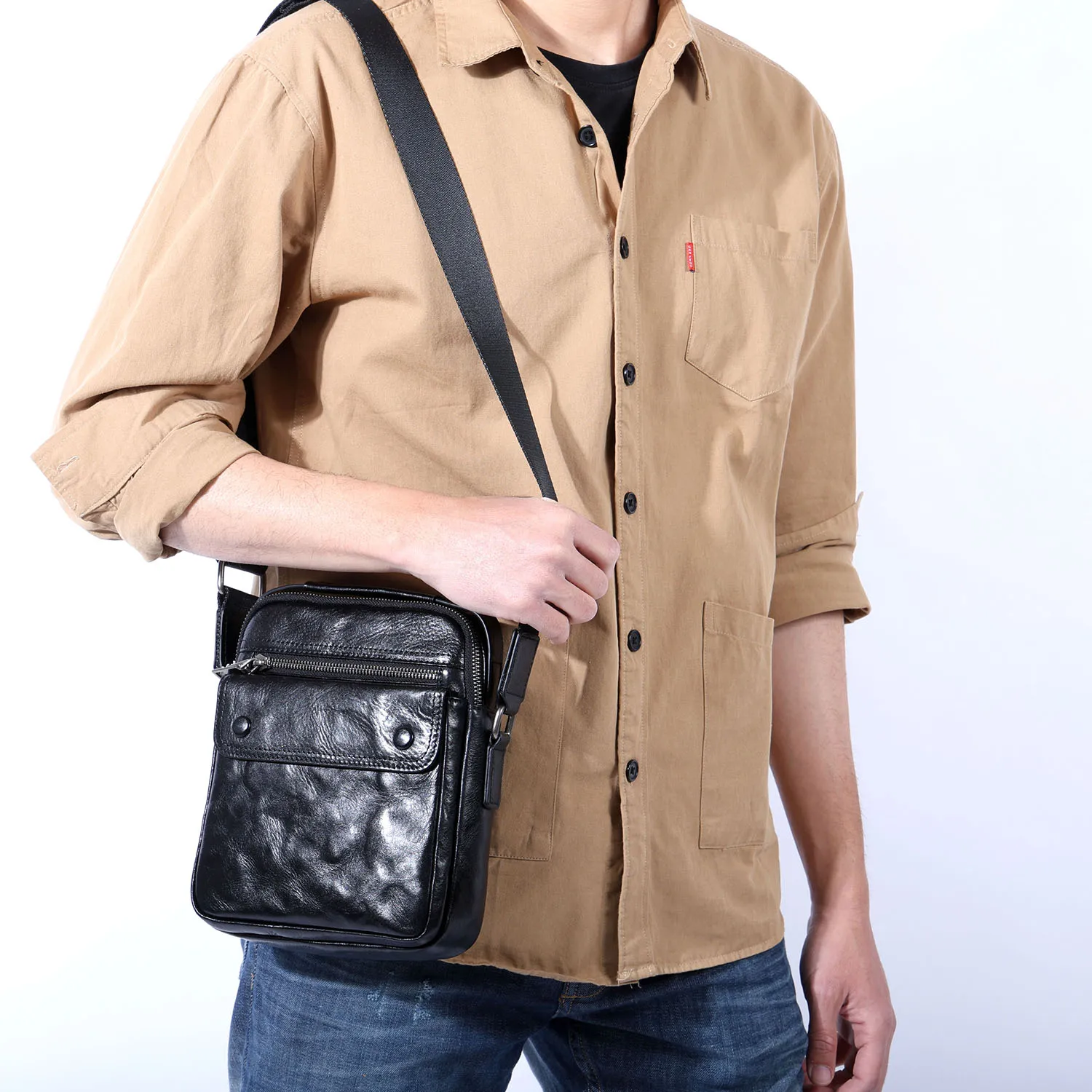 S.WORKER Echtleder Herren Umhängetasche Messenger Bag Crossbody-Taschen für Männer Rindsleder Oberleder Modischer Casual-Stil – Detail 6
