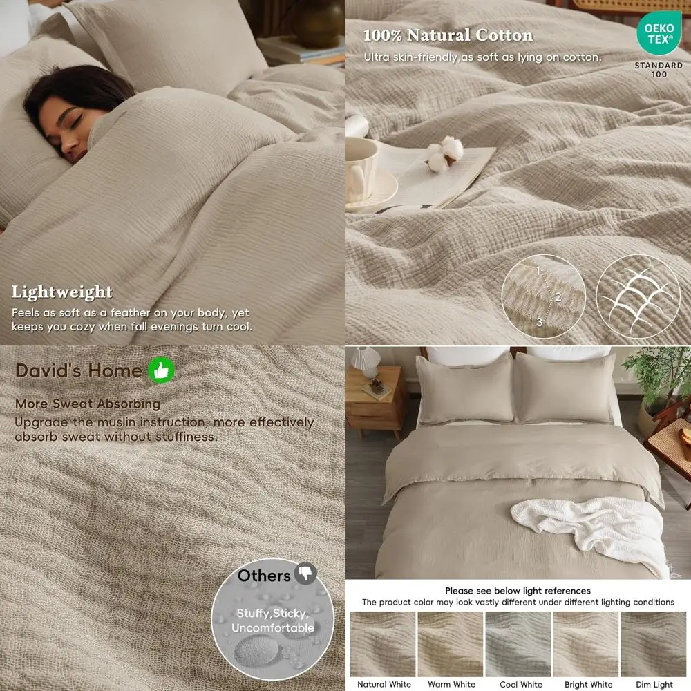 

Комплект пододеяльников из хлопка и муслина королевского размера, дышащее и легкое постельное белье из 3 предметов с 2 наволочками, текстурированное натуральное/овсяное молоко,