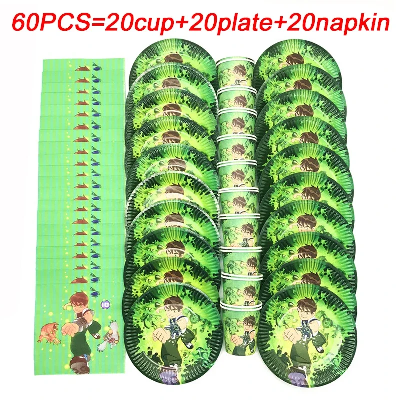 60pcs Ben-10 Theme Kids Favor Birthday Party Paper Disposable Cup+Plate+Napkin Tableware Ben Ten Party Supplies Set Decorstions