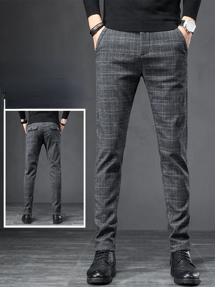 

High Waist Men Retro Plaid Pants Fall Straight Causal Full Length Trousers Vintage Pockets All Match Woolen Pants New A111