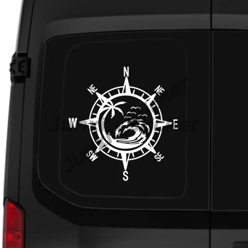 Beach Compass Palm Tree Vinyl Car Sticker Waterproof UV Resistant for SUV RV Window Universal Fit Nautical Navigation Design