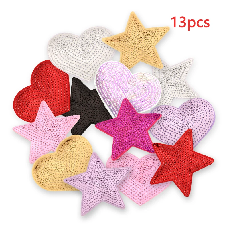 13 stücke Stern Eisen auf Patch für Kleidung Kinder viel niedlichen Glitzer Herz Aufkleber Pack Pailletten Stoff Sets nähen Jacke Mochila DIY groß – Detail 3