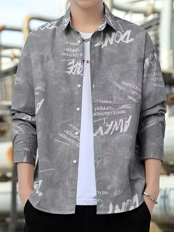 

Повседневная свободная длинная рубашка-поло для мужчин, осенняя, модная, молодежная, с принтом, из ткани, устойчивой к сминанию и износу