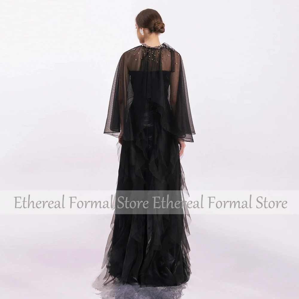 Modernes schwarzes Abendkleid mit Perlenstickerei, trägerloses Meerjungfrau-Damen-Abendkleid mit Schal, ärmellos, Trompete, lange formelle Kleider