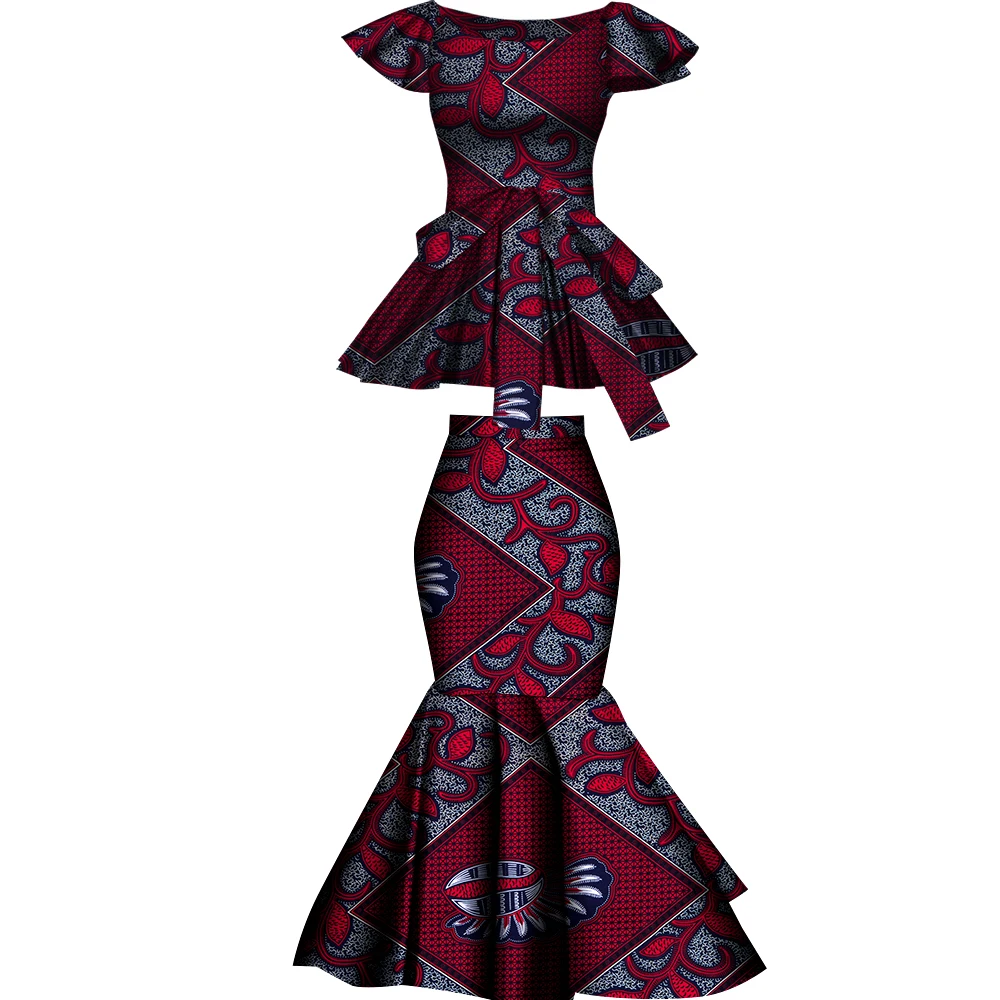 African Two Pcs Set Flared Skirt and Top Dashiki Wax Print Cotton Plus Size Party Clothing WY10076