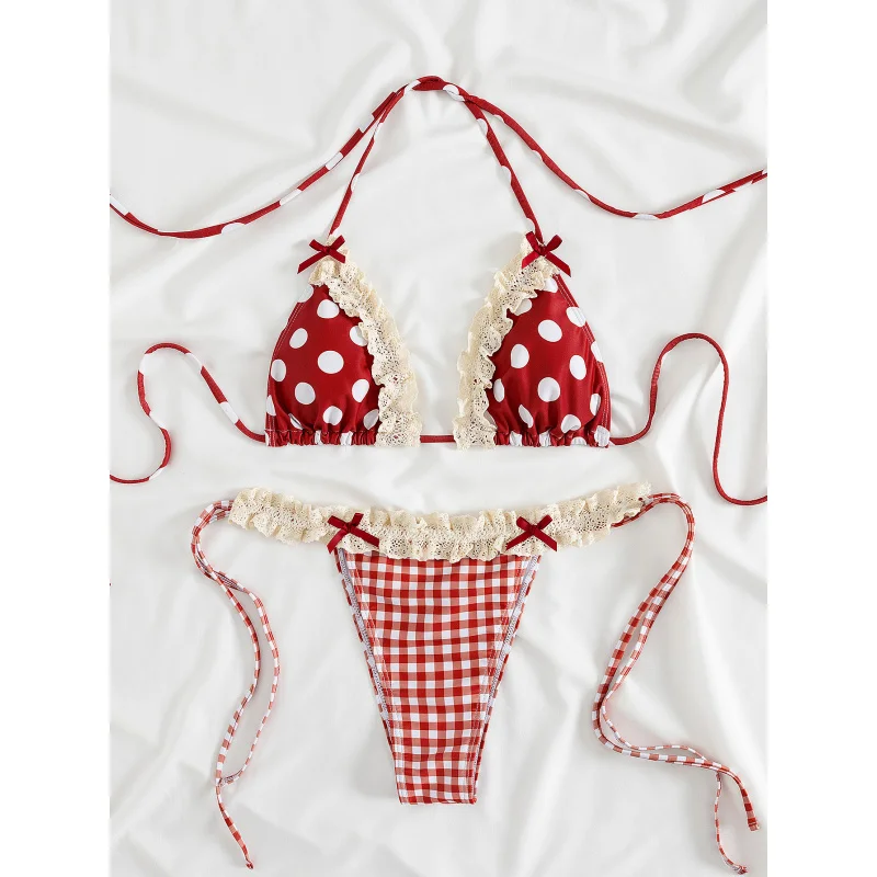 

New Soft Bag Polka Dot Lace Trim Bowknot Decor Halter Neck Tie Sexy Party Bikini Set