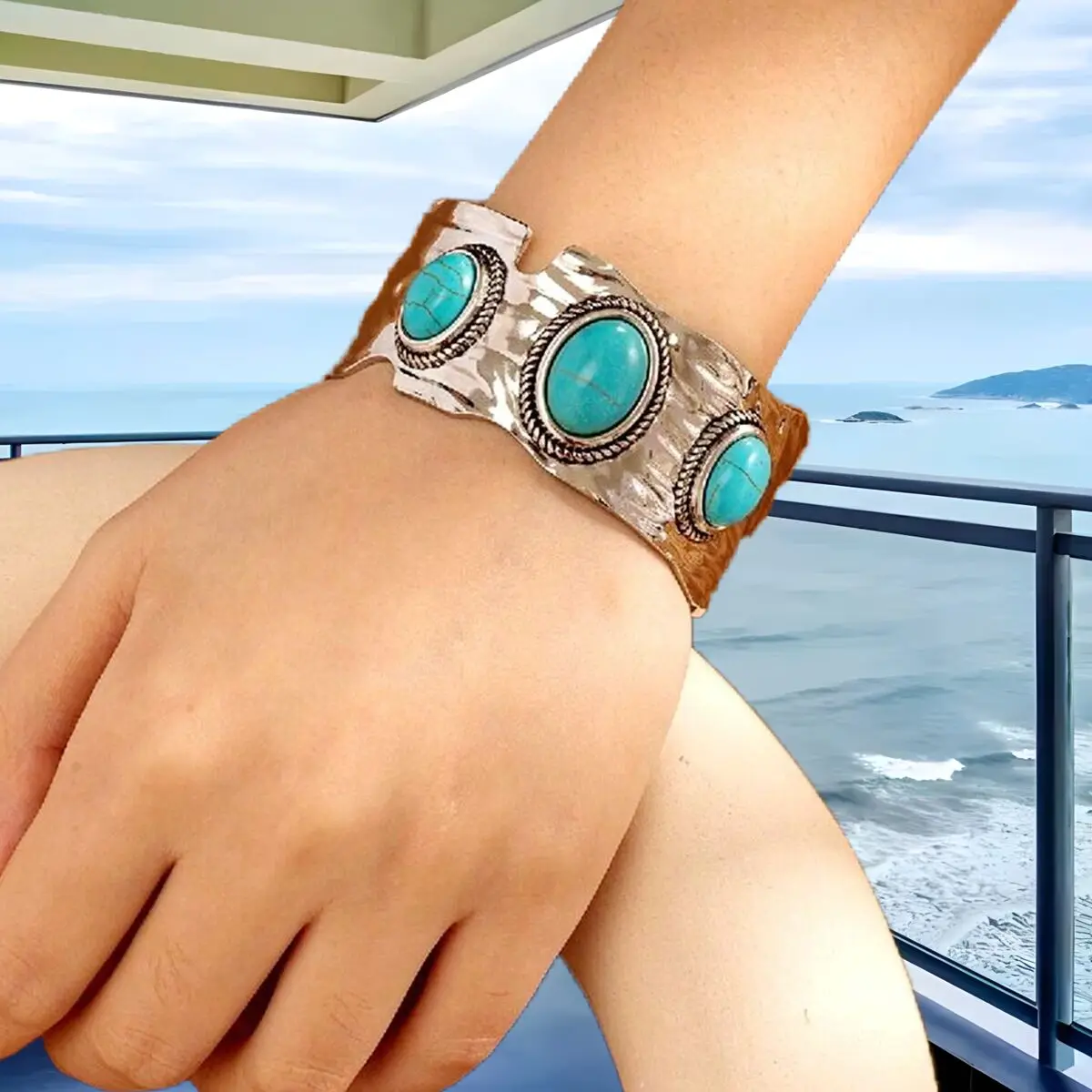 

Western Jewelry Bohemian Vintage Blue Resin Gems Cuff Bracelet Women's Party Wrist Accessory