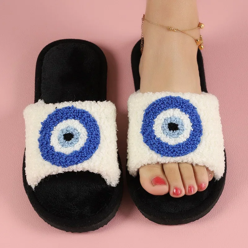 Autumn Women Plush Slippers Blue Evil Eyes Curly Slippers Couple Open Toe Home Cotton Shoes Flat Bedroom Warm Flannel Slippers