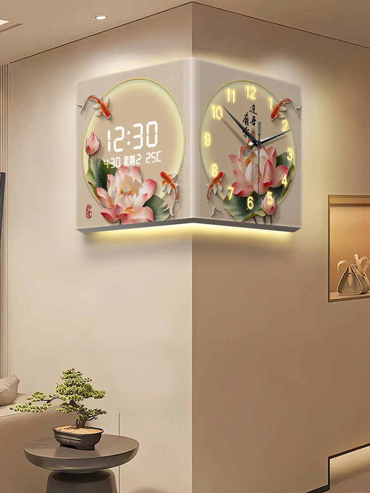 

New Chinese style wall clock, living room, creative perpetual calendar, electronic clock, lotus wall lamp painting