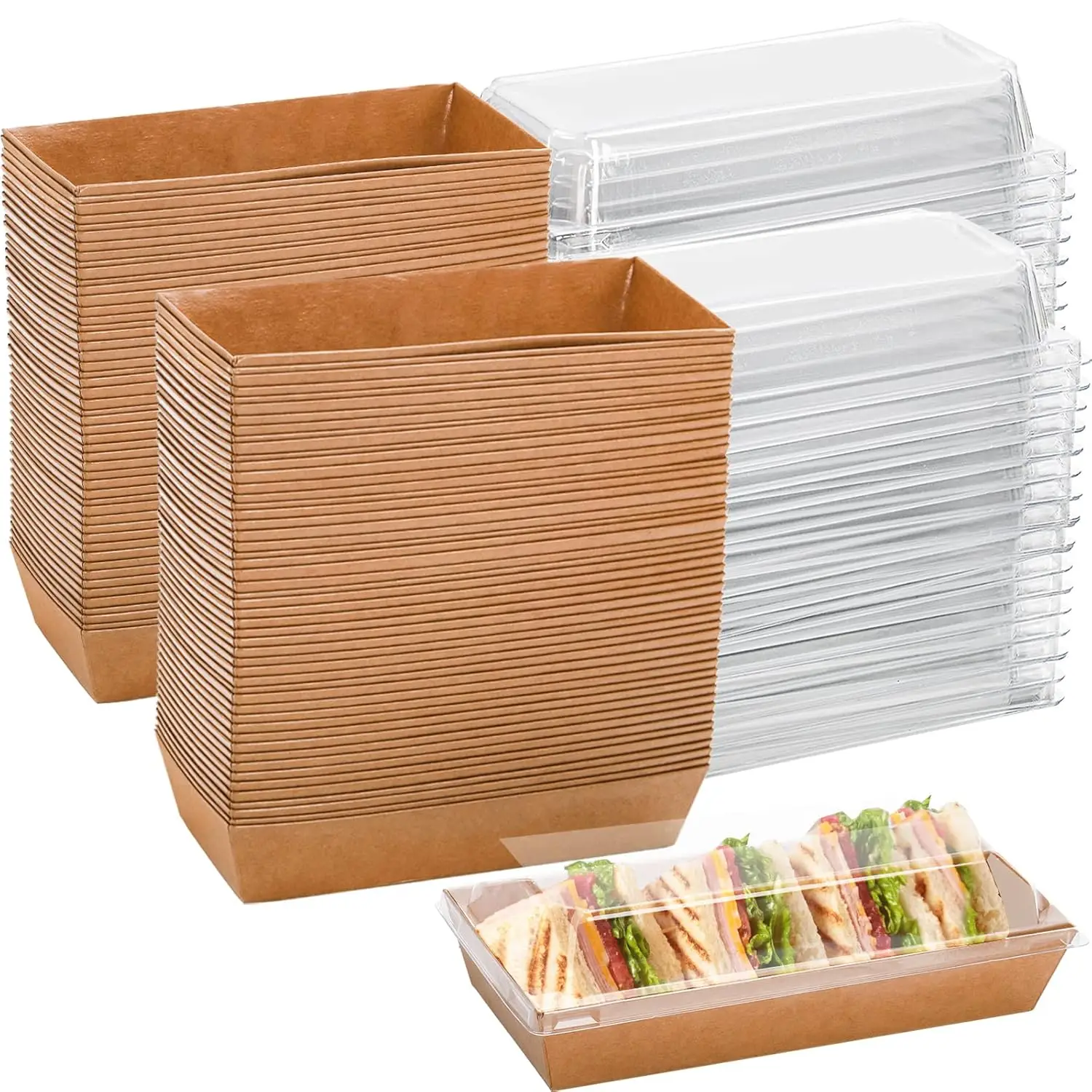 Paquete de 100 contenedores desechables para sándwiches con tapas transparentes, cajas de papel para llevar para sushi, pastel, postre, gofres, galletas, repostería