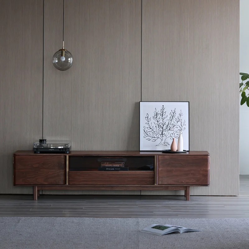 

North American simple modern rock slab solid wood floor living room small apartment black walnut TV cabinet