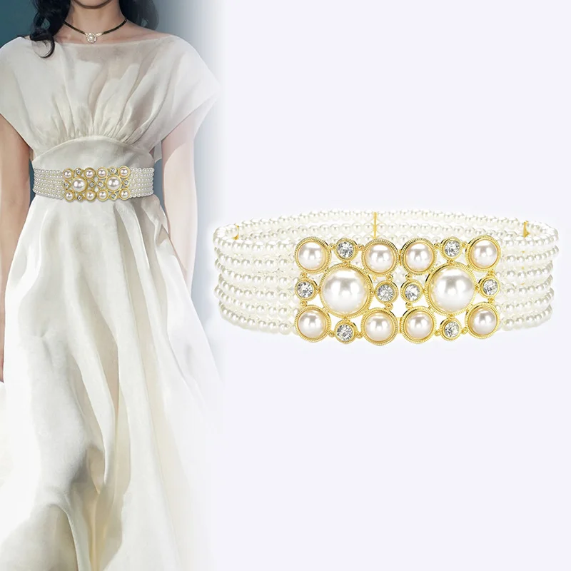 

100% genuine real leather Fashionable and sweet temperament string pearl belt elastic diamond women's wide waist cover with skir
