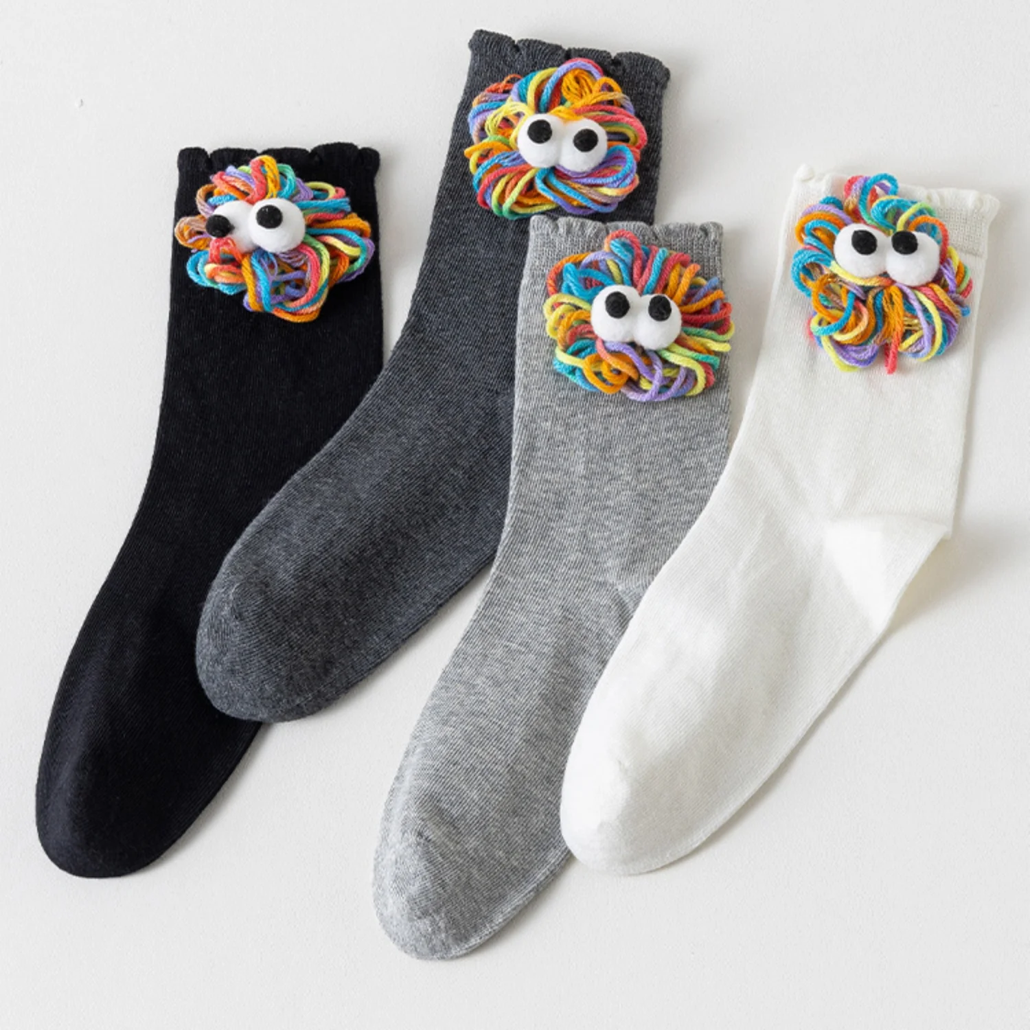 Kids Mid Length Kawaii Cartoon Colorful Sock Cute 3D Big Eye Braids Funny Long Socks Cotton Long Socks Novelty Fluffy Pom Pom So