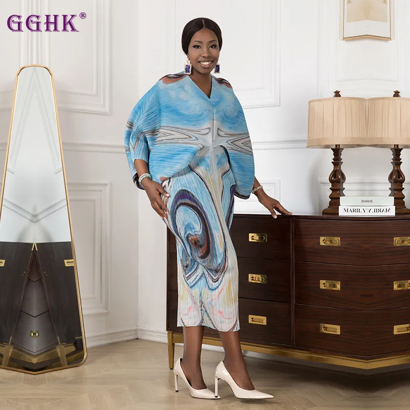 

Высококачественное плиссированное платье миаке GGHK, новинка 2023, модное платье с V-образным вырезом для пожилых во французском стиле