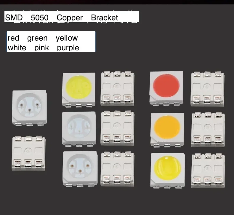 1000Pcs  SMD 5050 LED Diode Chip Red Yellow Blue Pink Orange Purple High Bright Copper Bracket Gold Wire Light Beads Emitting