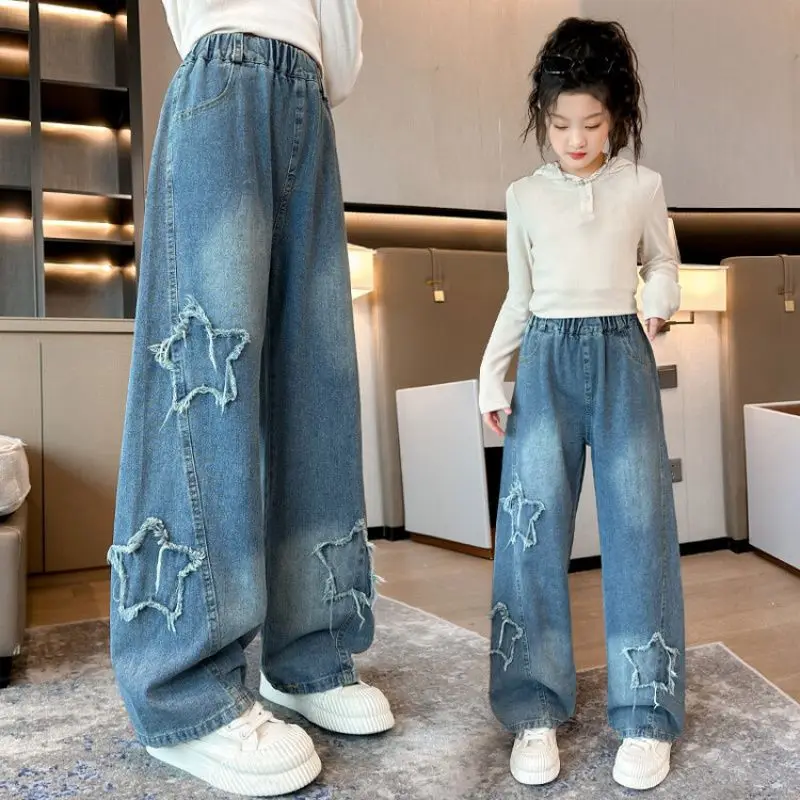 Girls Jeans Spring/Autumn New Kids Fashion Retro five-pointed Star Denim Wide-leg Pants Teenage Children Trousers 5-14 Years