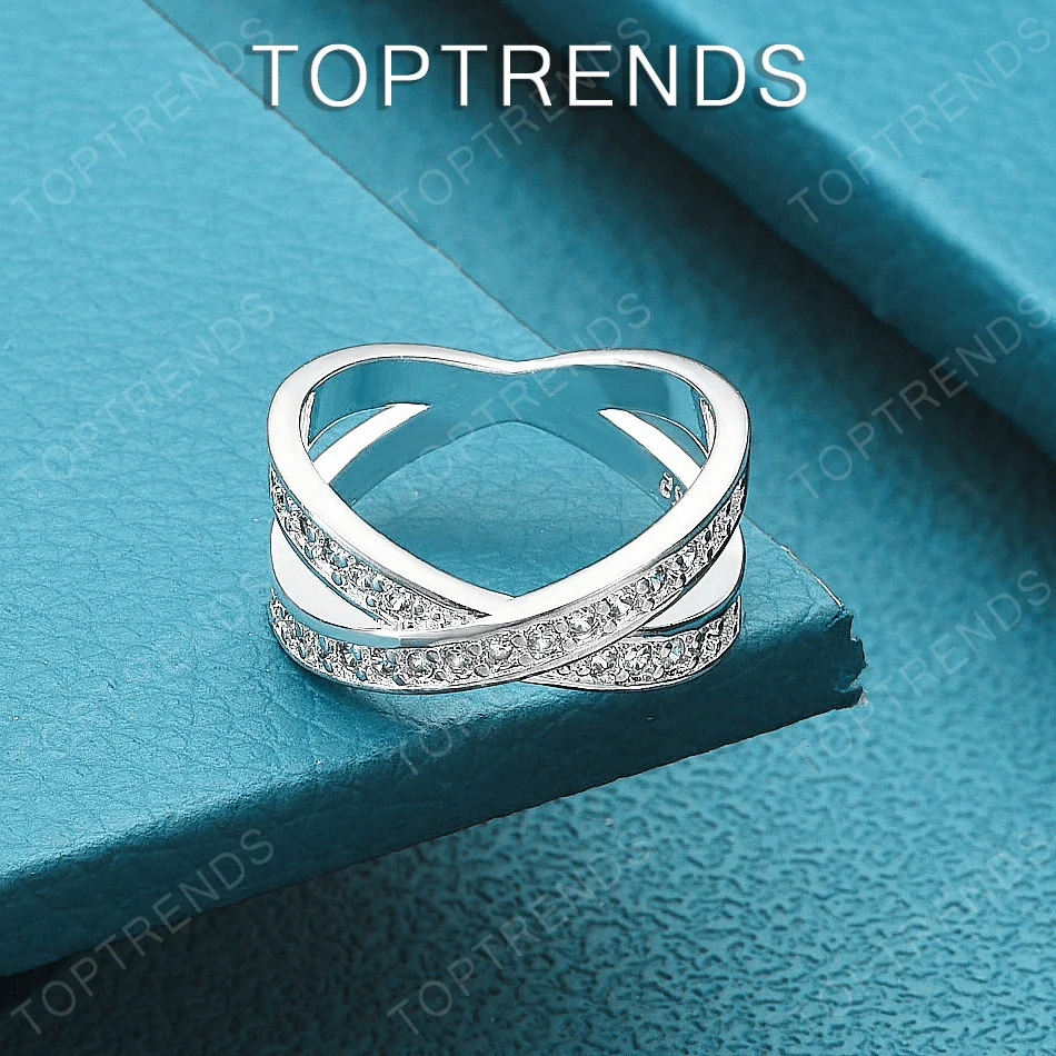 Eingelegter Zirkon 925 Sterling Silber Doppelkreolen-Kreuzring Klassischer Luxus-Schmuck Accessoires Damen Verlobung Hochzeit Party Geschenk