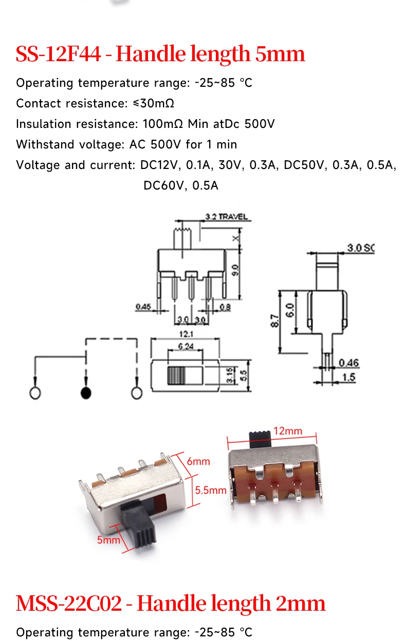 5 Stück Mini-SPDT-Schiebe-Kippschaltergriff 3/5mm MSS-22D018 SS-12D00 SK-22D07 MSK-12C02 SS-12F44 MSK23D19 - Elektronisches Bauteil – Detail 16