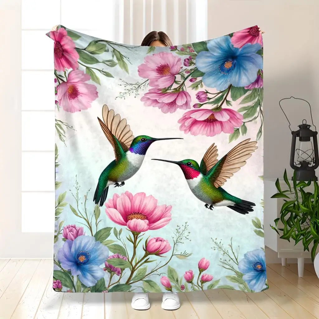Pink Blue Hummingbird Watercolor Floral Garden Flannel Blanket Soft Cozy Throw for Sofa Bed Living Room Decor