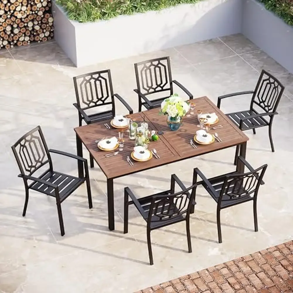 

Outdoor Dining Set 7-Piece Metal Patio Table & Chairs Rectangular 65" Table with 6 Stackable Chairs Sturdy Wrought Iron Frame