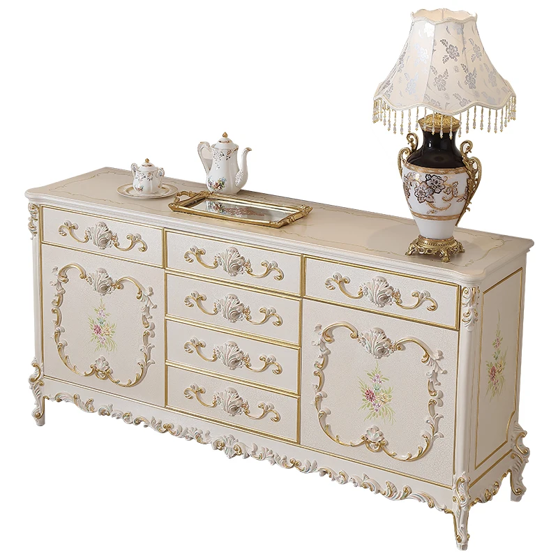 Furniture, solid wood, gold foil, sideboard, European classic painted 1.7m floor cabinet.