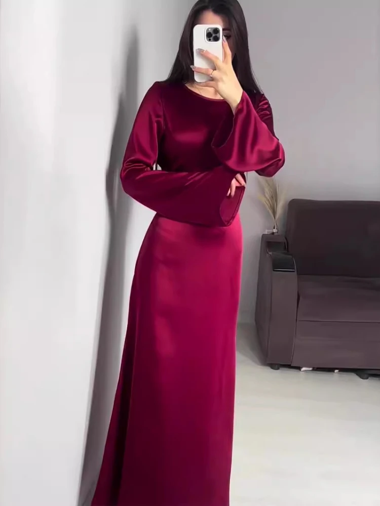 Tossy Elegant Satin High Waist Women Maxi Dress Bell Sleeve Lace Up Slim Banquet Mermaid Bodycon Dresses Throbbing in Autumn