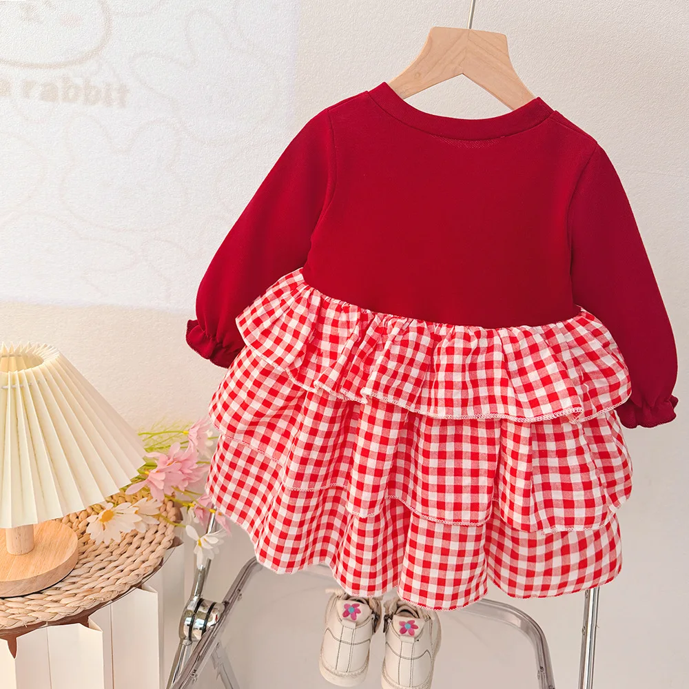 Korean Children's Long Sleeve Dress Baby Autumn Fashion New Round Neck A-line Plaid Cake Dresses Sweet Girls' Red Princess Dress