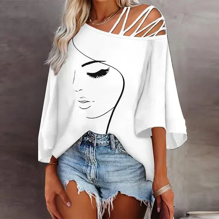 Women\'s Fashion Splicing Loose Slant Neck Face Printed T-shirt Casual Top 2024 Summer