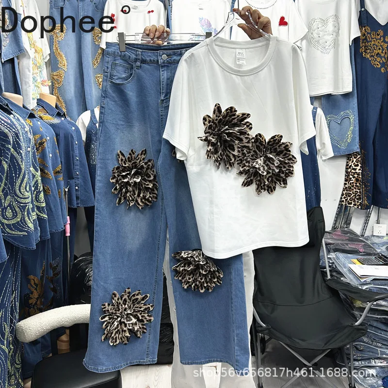 

High Street Fashion Women Sets Leopard 3D Flowers All-match Loose Short Sleeve T-shirt Top + High Waist Casual Denim Pants Suits