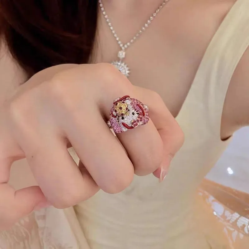 

Hello Kitty Full Diamond Ring Decoration Simple Niche Light Luxury Temperament Sweet and Cute Girly Heart Cartoon Fashion Ring
