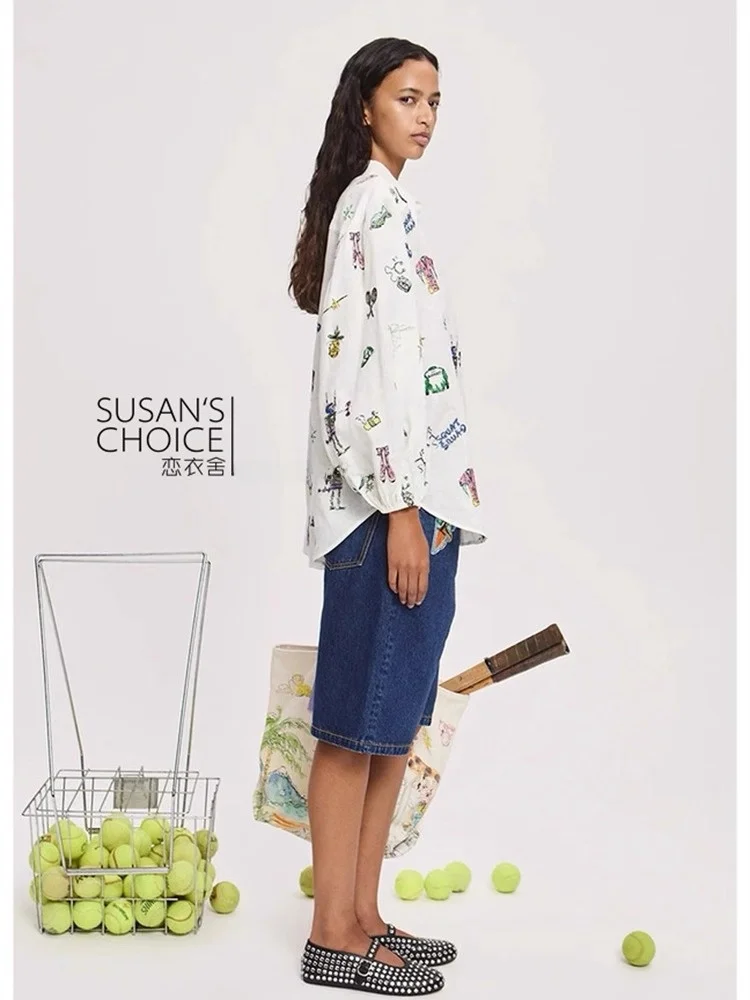 Susan Australian Linen Long Sve Embroidered Pattern Casual Loose irt Versatile Top Women's Busin Casual Faion