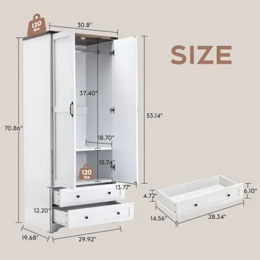 Wooden Armoire Wardrobe Closet with Drawers for Bedroom, Natural Wood Finish, Spacious Storage and Smooth-gliding Drawers