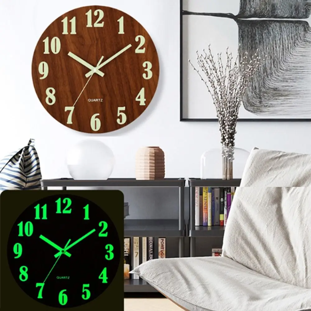 

12 Inch Luminous Wall Clock Wood Grain Nordic Style Digital Clock Non Ticking Battery Operated Quartz Wall Clock Home Decoration