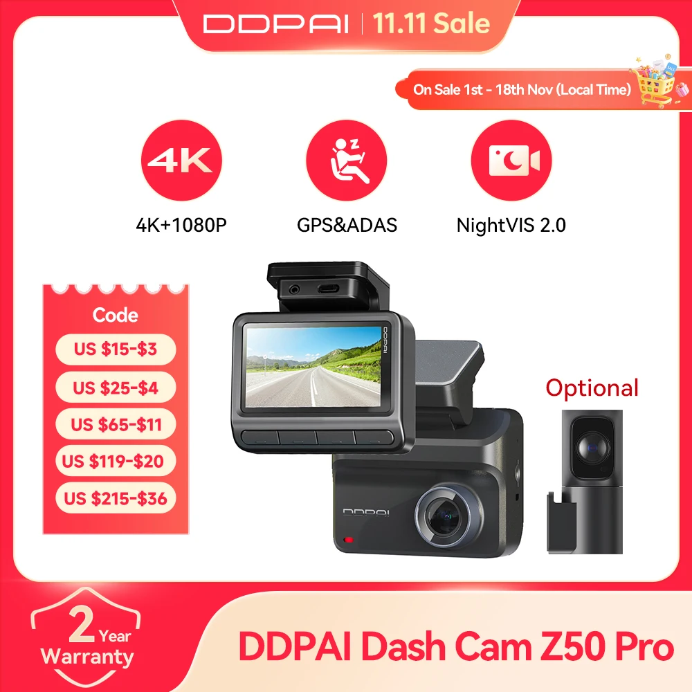 DDPAI Z50 Pro 4K Car Dash Cam Dual Channel DVR 3'' IPS Screen Built-in GPS WiFi ADAS Night Vision 24H Parking Monitor