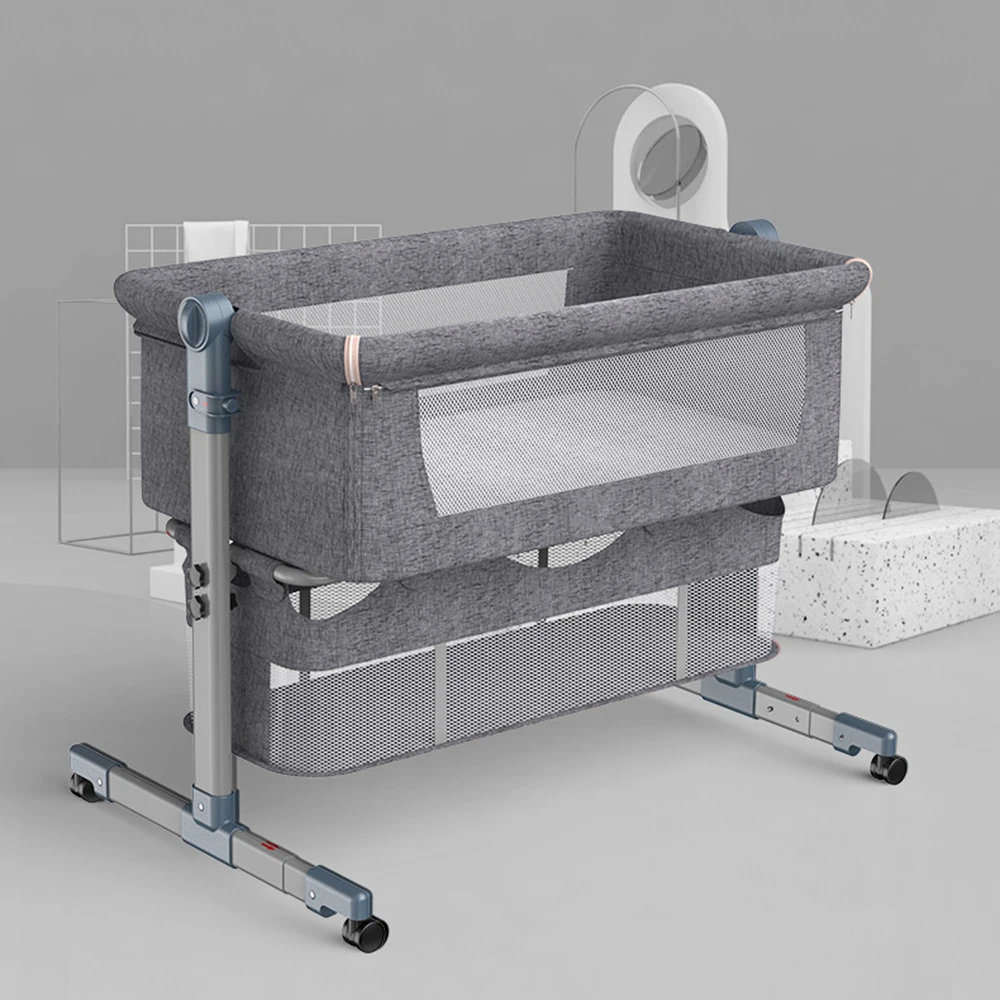 Cot Baby Bed Infant Crib with Wheels Mosquito Net and Mattress Height Adjustable Tilting Grey Baby Bassinet Side Bed