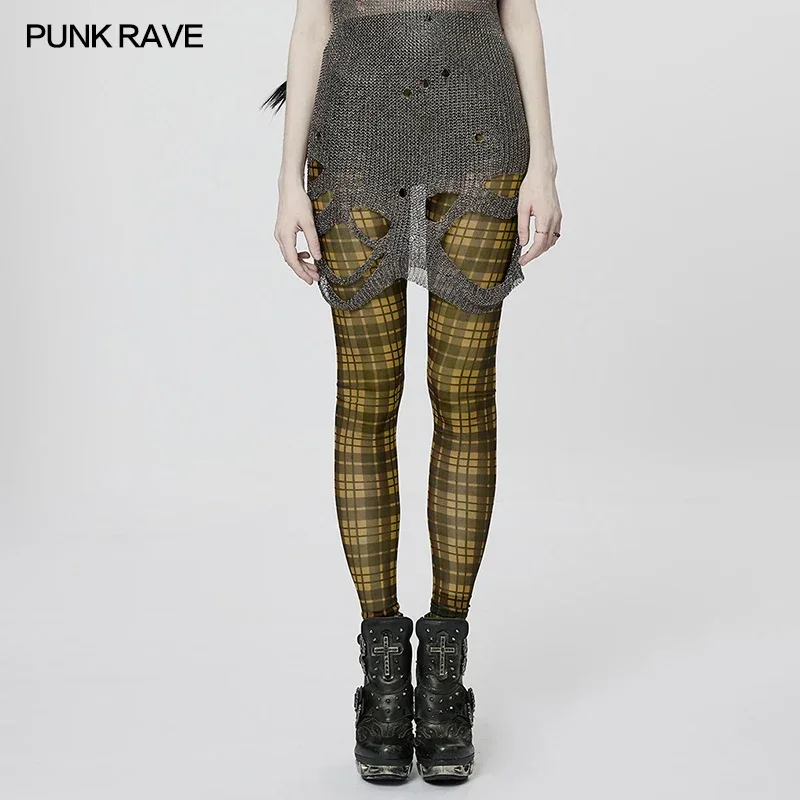 PUNK RAVE Women's Punk Style Plaid Mesh Simple Sense Sexy Leggings Daily Personality Trousers Women 2 Colors