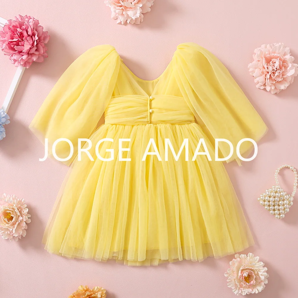 Neues Sommer-Partykleid für Mädchen mit Puffärmeln, V-Ausschnitt, Tüll-Tutu-Kleid, Hochzeits-Blumenmädchenkleid, Prinzessinnen-Festkleidung E70032-3