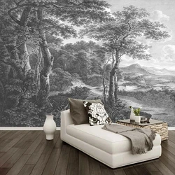 Custom Size wall papers 3D Nordic art black and white landscape waterfall porch mural Retro Hand Painted Forest Tree home decor