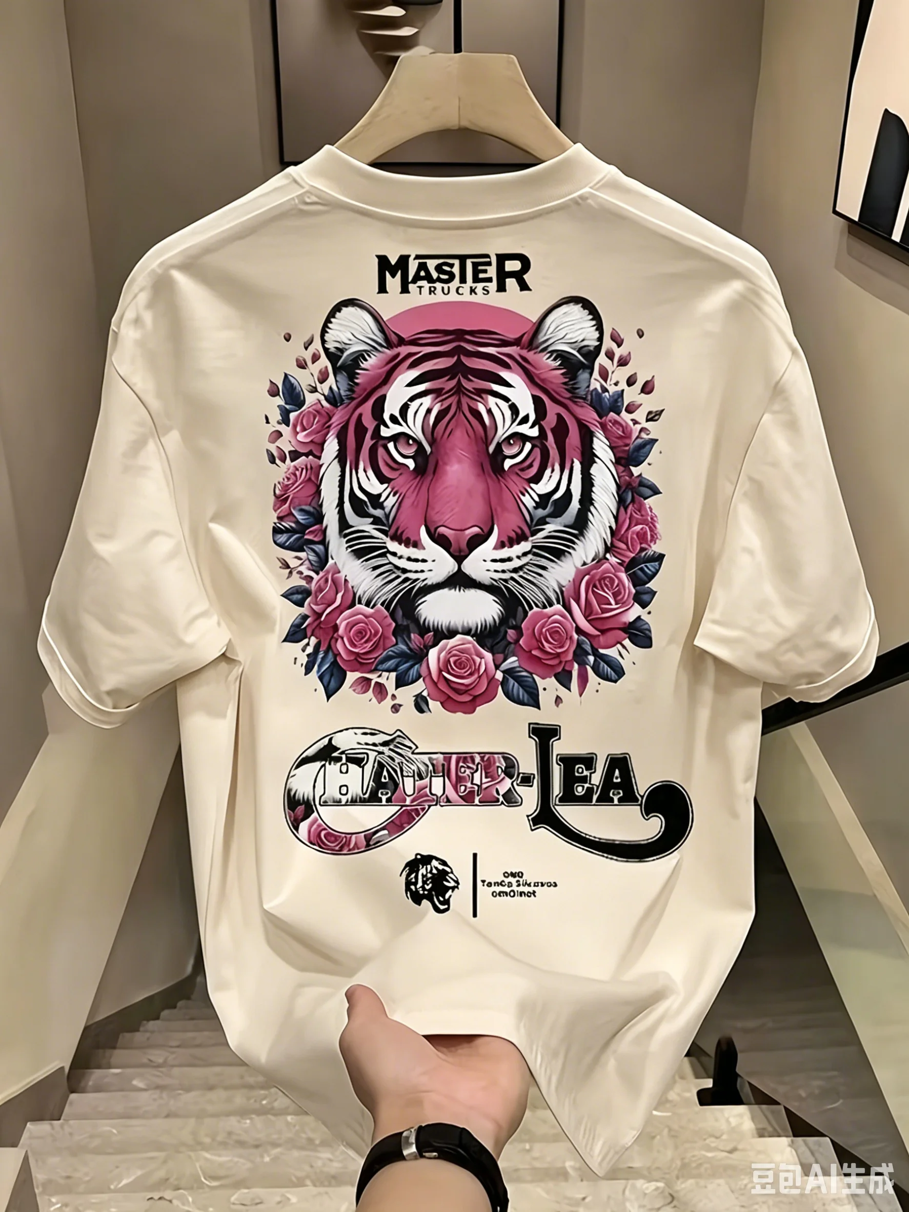 T-shirt décontracté d'été pour homme 100 % coton, coupe ample, motif tête de tigre rose et fleurs sur le dos, col rond, manches courtes, style streetwear