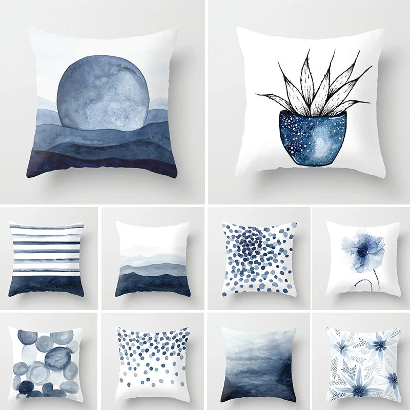 

45*45cm Ink Blue Geometric Landscape Pillowcase Waist Throw Cushion Cover Sofa Printed Pillows Covers Car Decor Home Supply