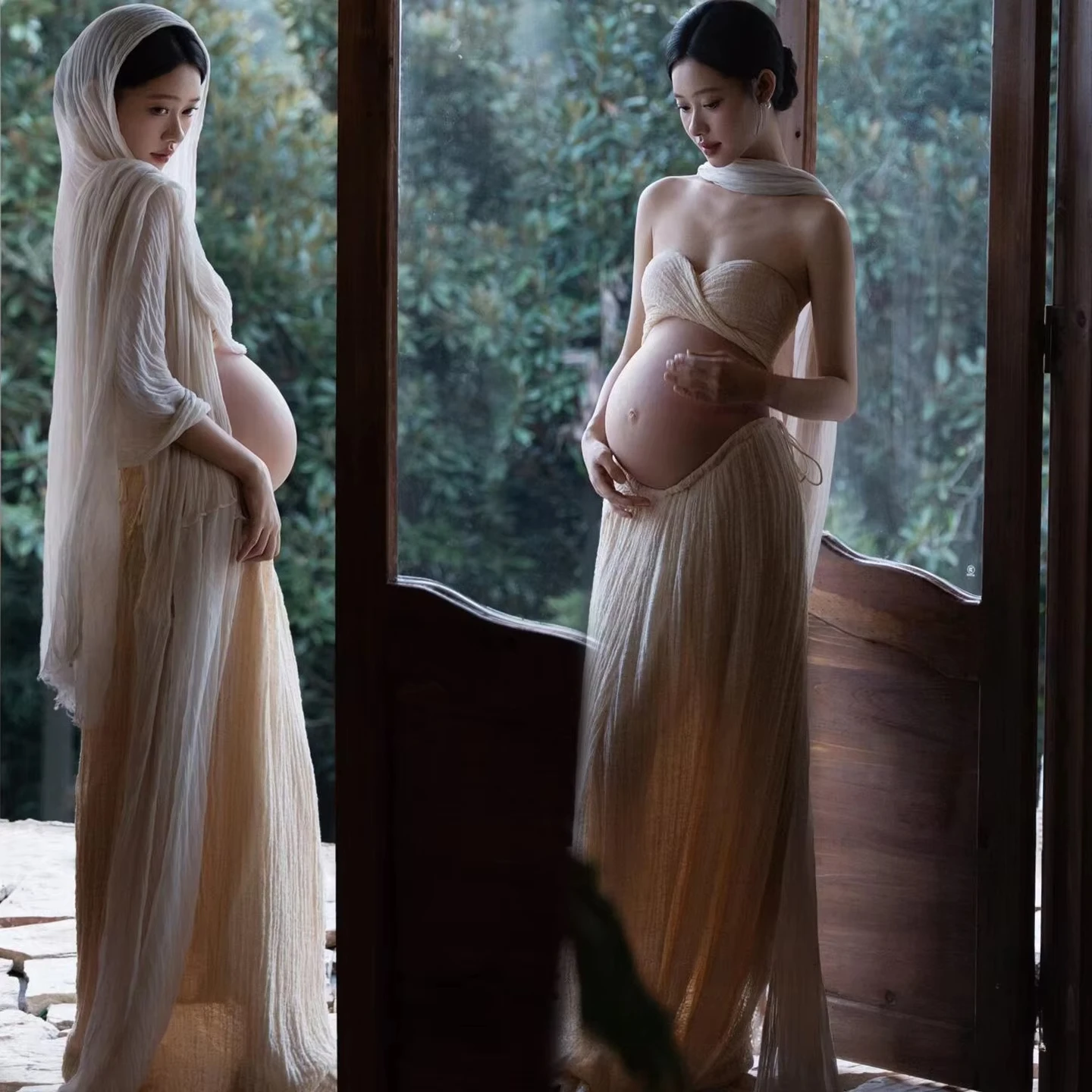 3pcs Women Maternity Photography Dress Set Retro Elegant Tube Top Skirt & Veil Pregnancy Clothing for Studio Photo Shoot