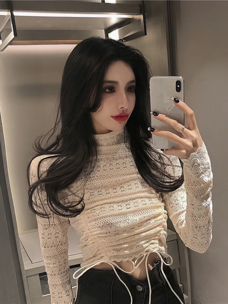 Korean Turtleneck Lace Tops Blouse Women Long sleeve Basic T Shirt Crop Top Sexy Tees  Dongdaemun Youthful2024 New