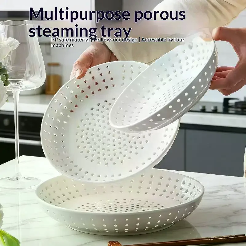 Creative Round White PP Steamer Plate: Perforated High Temperature Resistant Hollow Drain Tray