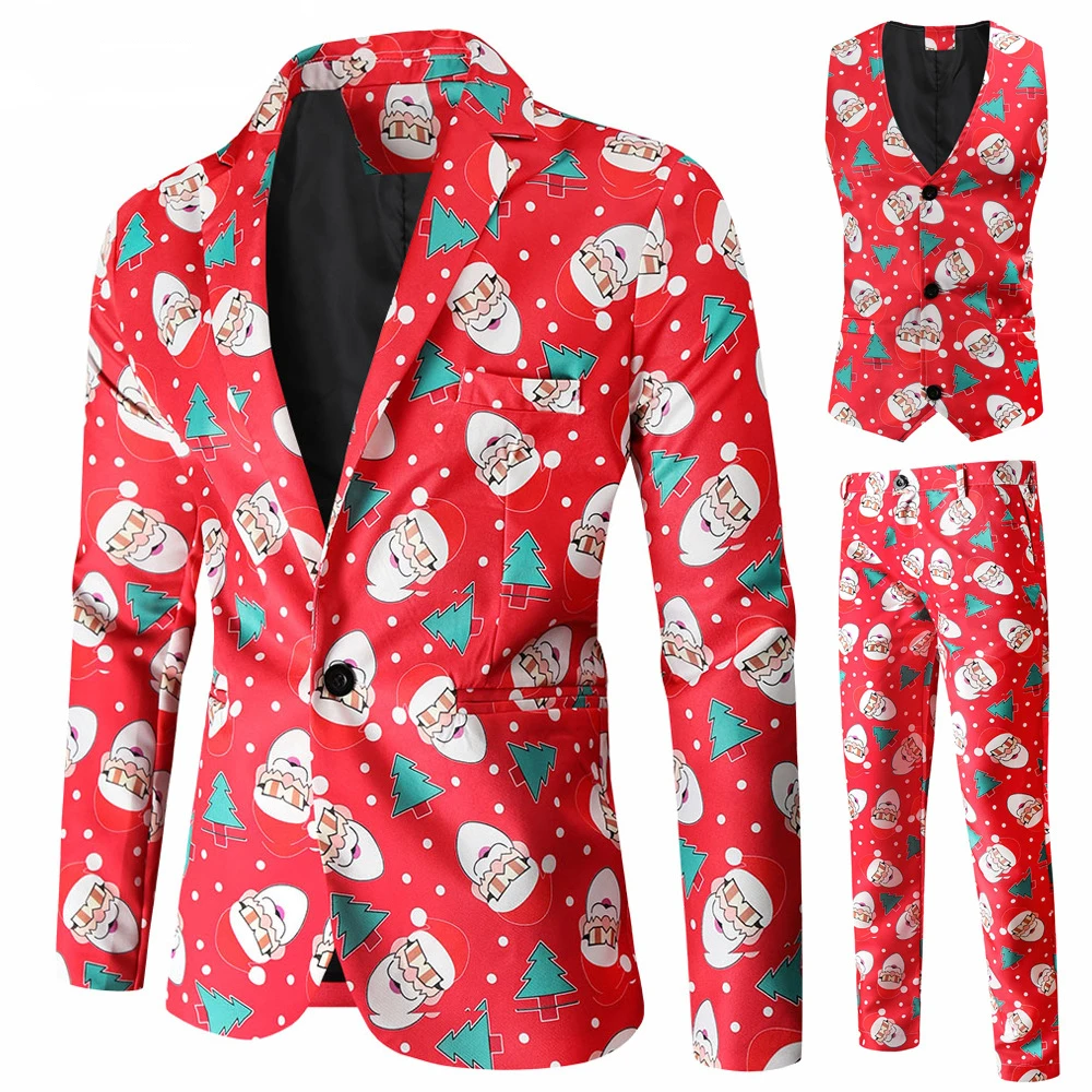 3PCS Christmas Suits for Men  Regular Fit Suit Snowflake Snowman Print Blazer Jacket Pants Vests Men Suit Set