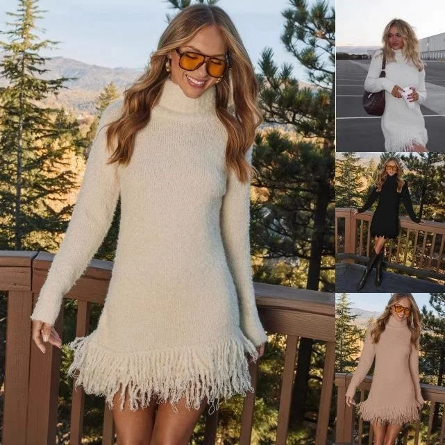 

Faionable Handmade Tassel Dr Women's High Collar Knitted Sweater Autumn Winter Long Sve Commute Sle Tee-acetate F...