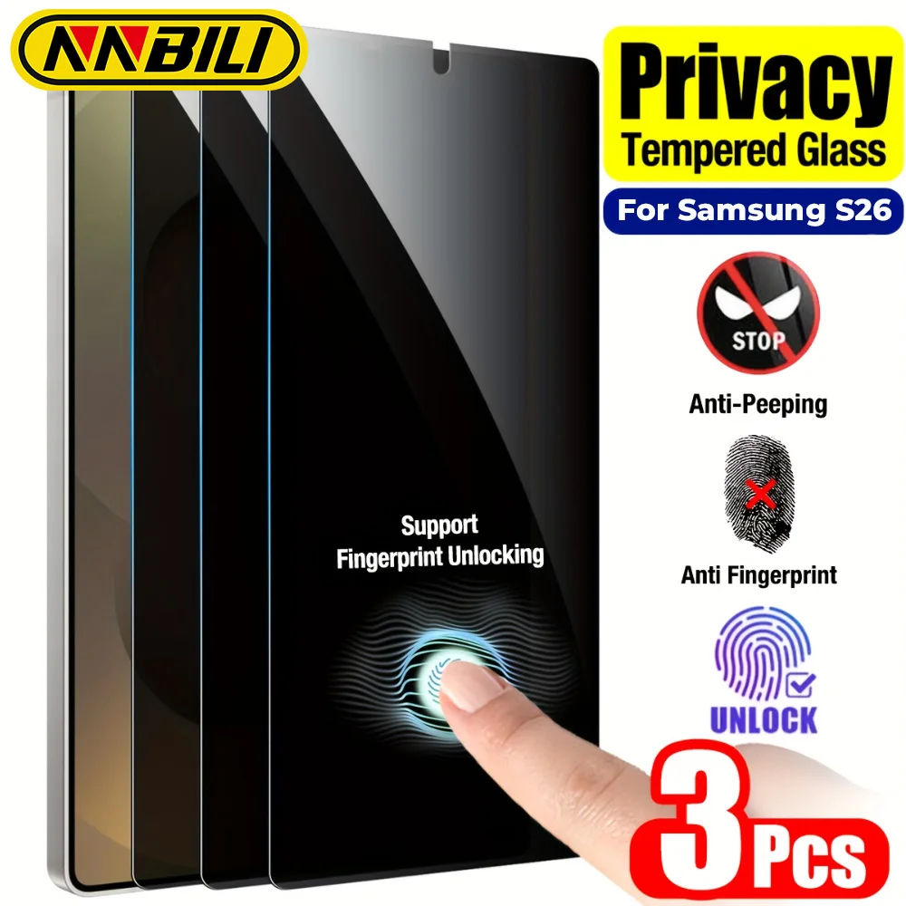 NNBILI 3 Stück Sichtschutz aus gehärtetem Glas mit vollständiger Abdeckung für Samsung Galaxy S26/S26Plus/S26Edge/S26 Ultra, unterstützt Fingerabdruck-Entsperrung