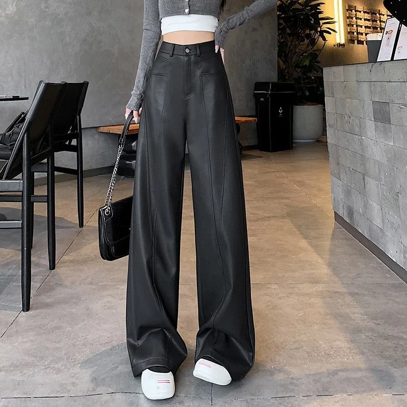 2025 nuevos pantalones de pierna ancha de cuero PU negros Vintage de cintura alta para mujer pantalones holgados rectos Retro informales hasta el suelo Otoño Invierno
