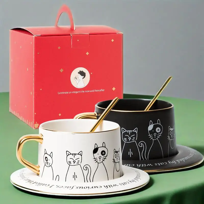 

2 комплекта керамических кофейных чашек, ложок с блюдцем, 250 мл, чайные чашки с мультяшным котенком, чайная чашка для экпрессо с черным котом, подарочный набор