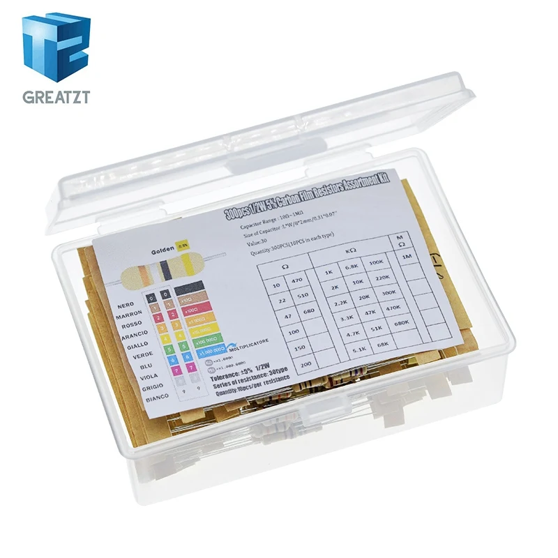 1BOX=300pcs 30value Rang 10ohm-1Mohm 1/2W 5% Carbon Film Metal Resistors Assortment Kit Set NEW 30 Values Resistor